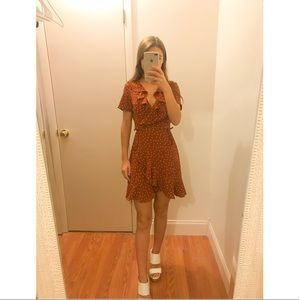 Rust wrap dress w white polka dots